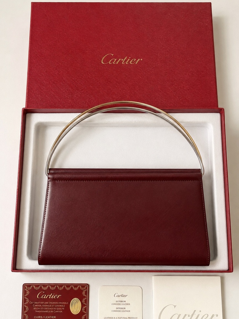 NEW Cartier TRINITY Burgundy Leather Top-Handle Bag Gold & Silver Hardware - Picture 2 of 14